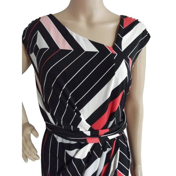 Women's Dress XL Black White Coral Orange Asymmetrical Neck Geo Print Polyester - Picture 2 of 8